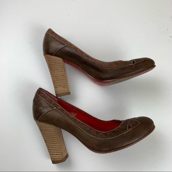 Miss Sixty Brown Leather Red with Red Stitching Chunky Heel size 38 - Picture 3 of 13